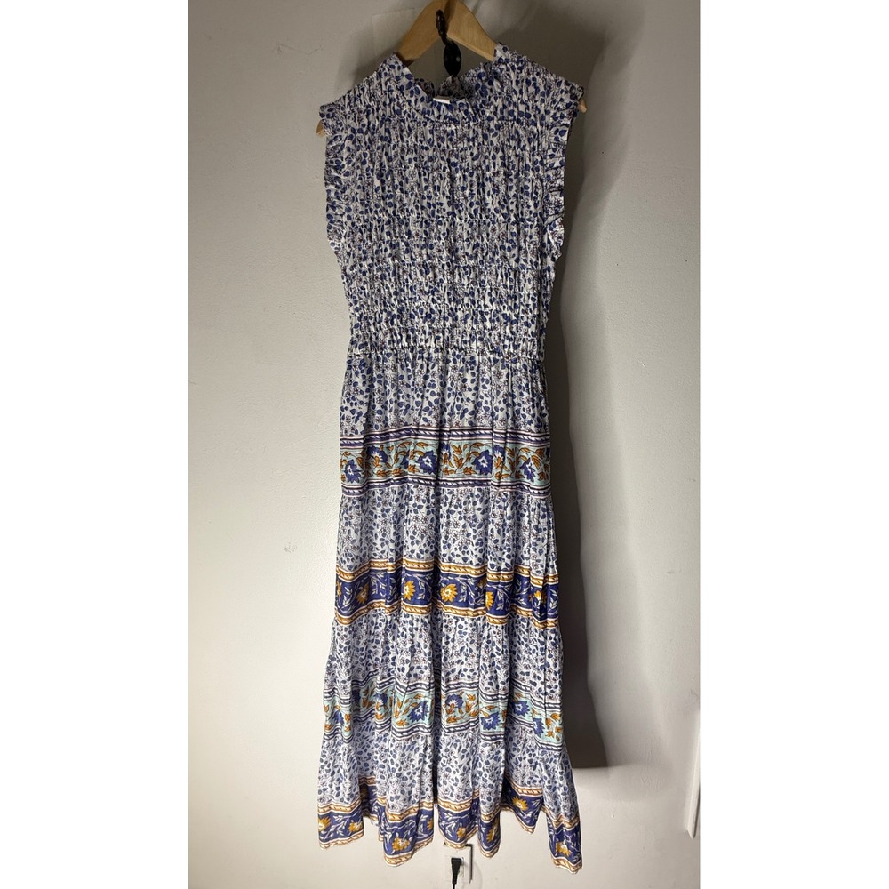 Calypso St.‎ Barth Smocked Maxi Dress Blue White Floral Cotton Tiered Size M